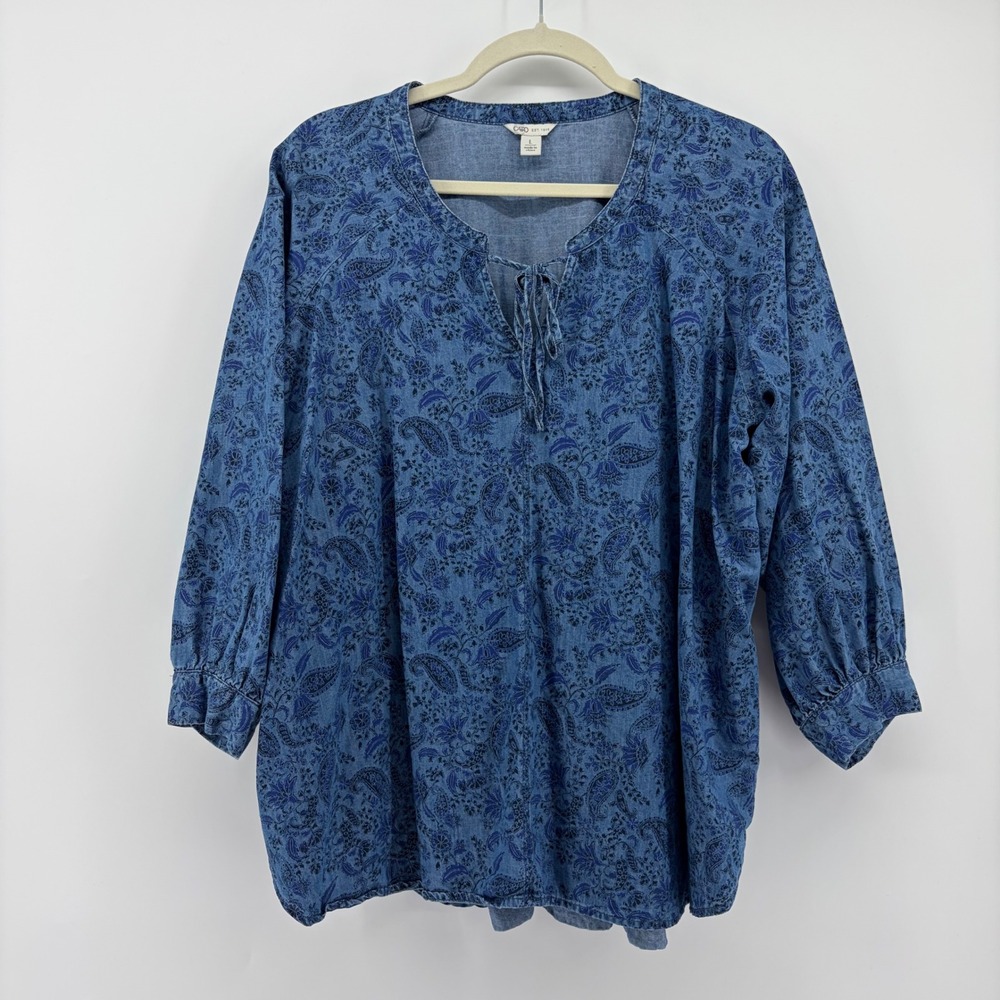 Cato Womens Large Blue Paisley‎ Floral Denim Lyocell Blend Tie Neck Blouse Top